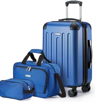 3-Piece Luggage Set, Including Carry-On Luggage (22" Expandable Hardside Suitcase With 8 Spinner Wheels), 15" Tote Bag, and 10" Compact Travel Bag, Navy Blue