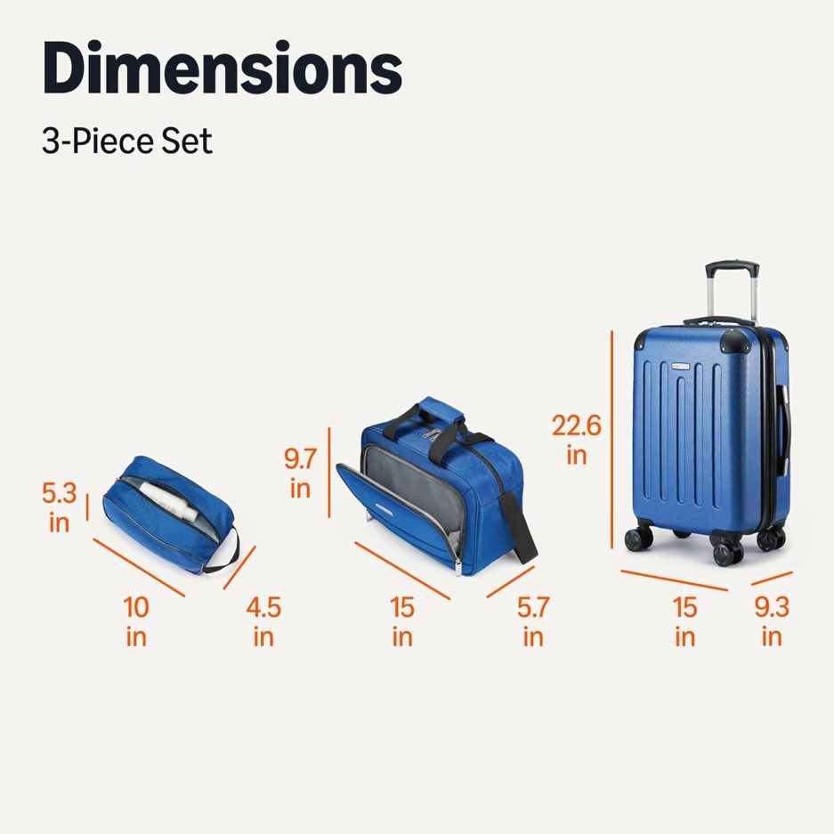 3-Piece Luggage Set, Including Carry-On Luggage (22" Expandable Hardside Suitcase With 8 Spinner Wheels), 15" Tote Bag, and 10" Compact Travel Bag, Navy Blue - Image 6