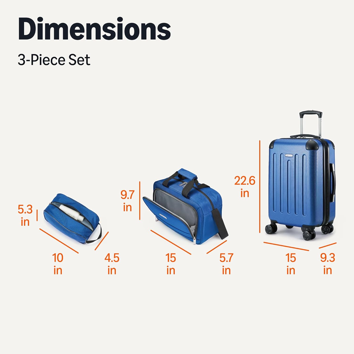 3-Piece Luggage Set, Including Carry-On Luggage (22" Expandable Hardside Suitcase With 8 Spinner Wheels), 15" Tote Bag, and 10" Compact Travel Bag, Navy Blue - Image 6