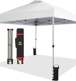 CROWN SHADES 10x10 Pop Up Canopy - Beach Tent with One Push Setup - Easy Outdoor Sun Shade for Events, Parties, Camping - Gazebo with STO-N-Go Cover Bag, Silver Coated Top, Grid White