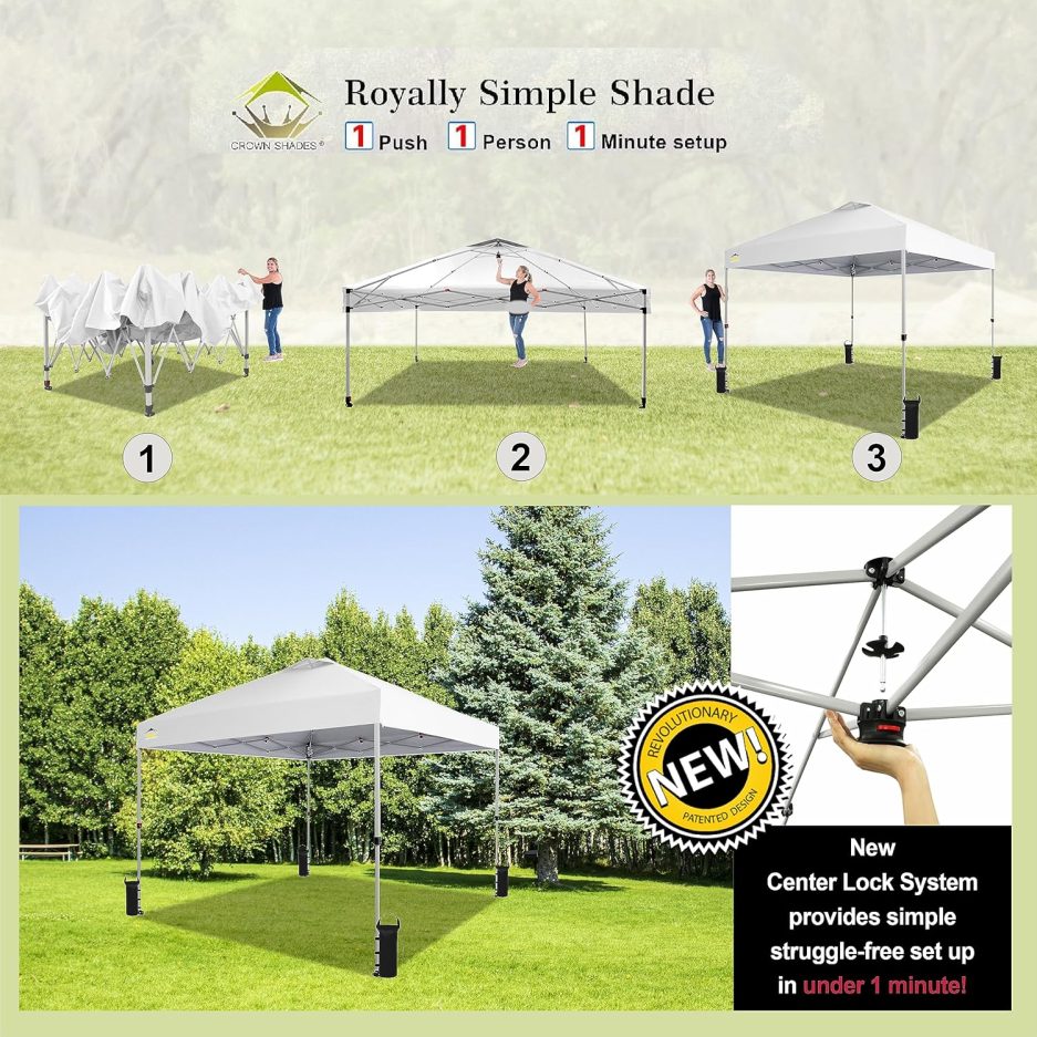 CROWN SHADES 10x10 Pop Up Canopy - Beach Tent with One Push Setup - Easy Outdoor Sun Shade for Events, Parties, Camping - Gazebo with STO-N-Go Cover Bag, Silver Coated Top, Grid White - Image 2