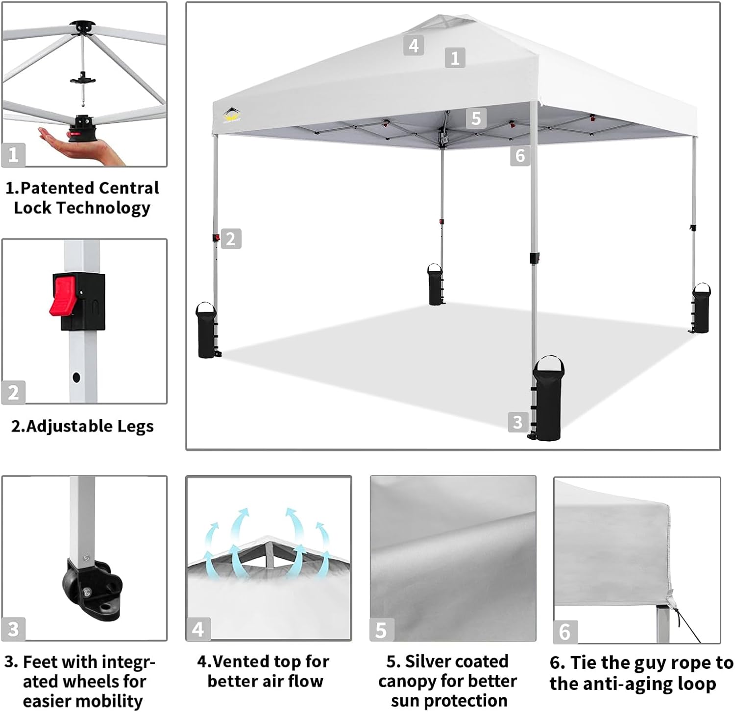 CROWN SHADES 10x10 Pop Up Canopy - Beach Tent with One Push Setup - Easy Outdoor Sun Shade for Events, Parties, Camping - Gazebo with STO-N-Go Cover Bag, Silver Coated Top, Grid White - Image 3