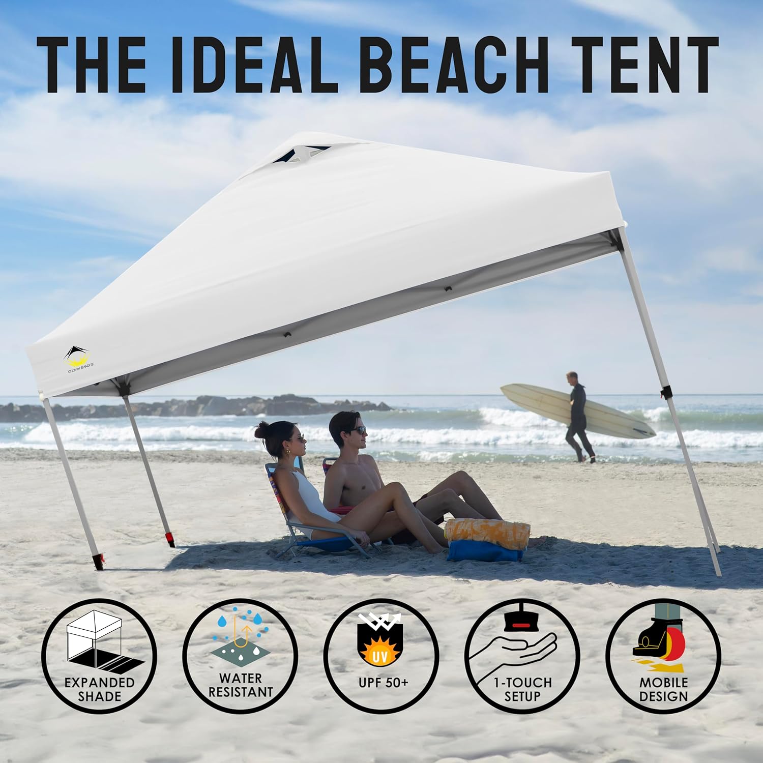 CROWN SHADES 10x10 Pop Up Canopy - Beach Tent with One Push Setup - Easy Outdoor Sun Shade for Events, Parties, Camping - Gazebo with STO-N-Go Cover Bag, Silver Coated Top, Grid White - Image 4