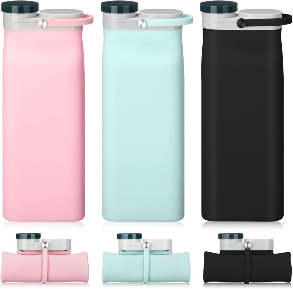 Ctosree 3 Pcs Collapsible Water Bottles 20 oz Foldable Portable Silicone Water Bottle Leak Proof Travel Bottle Lightweight Folding Cup for Sports Traveling Hiking