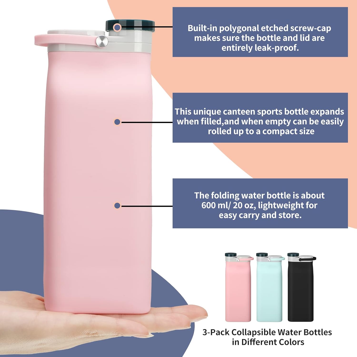 Ctosree 3 Pcs Collapsible Water Bottles 20 oz Foldable Portable Silicone Water Bottle Leak Proof Travel Bottle Lightweight Folding Cup for Sports Traveling Hiking - Image 7