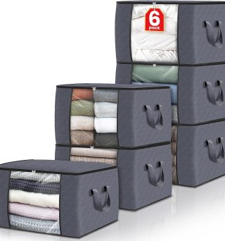 Fab totes 6 Pack Clothes Storage, Foldable Thick Fabric Blanket Storage Bags, Containers for Organizing Bedroom, Closet, Clothing, Comforter,Closet Organization with Handle,Grey