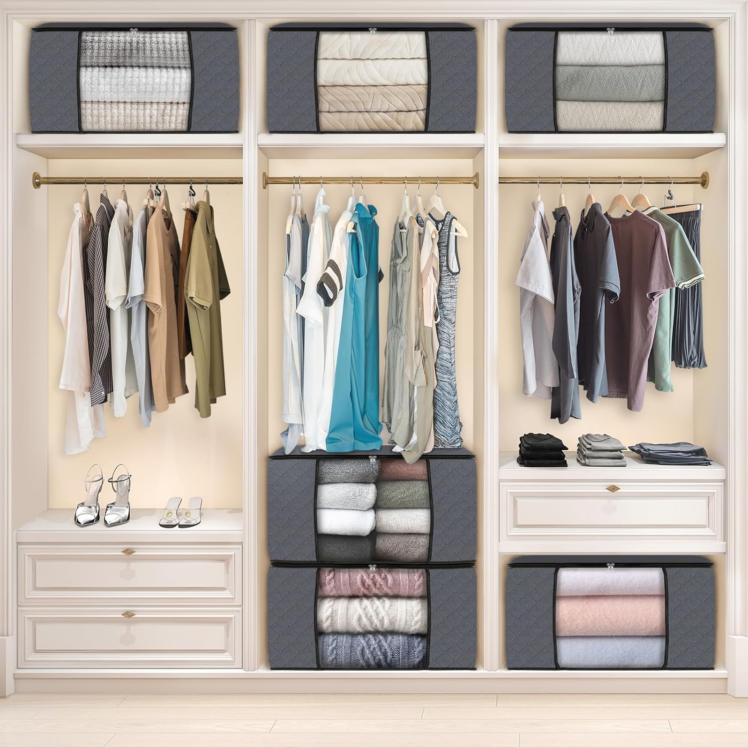 Fab totes 6 Pack Clothes Storage, Foldable Thick Fabric Blanket Storage Bags, Containers for Organizing Bedroom, Closet, Clothing, Comforter,Closet Organization with Handle,Grey - Image 6